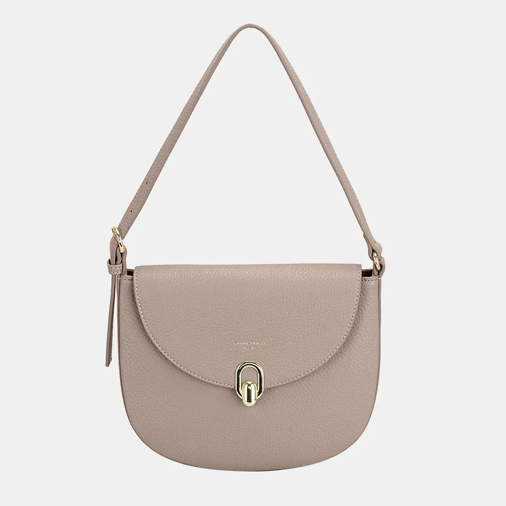 Greyish green half-moon shoulder bag with metal buckle clasp and long shoulder strap.