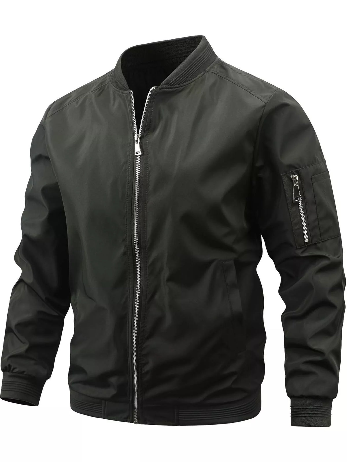 Lightweight bomber jacket in olive green with front zipper and ribbed cuffs/hem