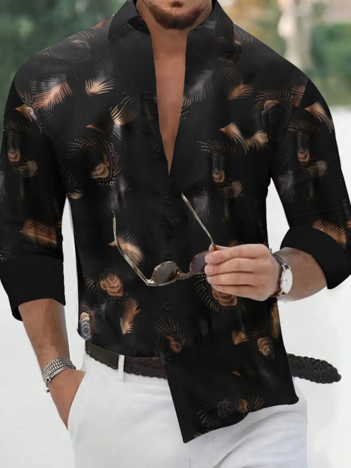 Men's button-up long-sleeve shirt in black with rose and feather print