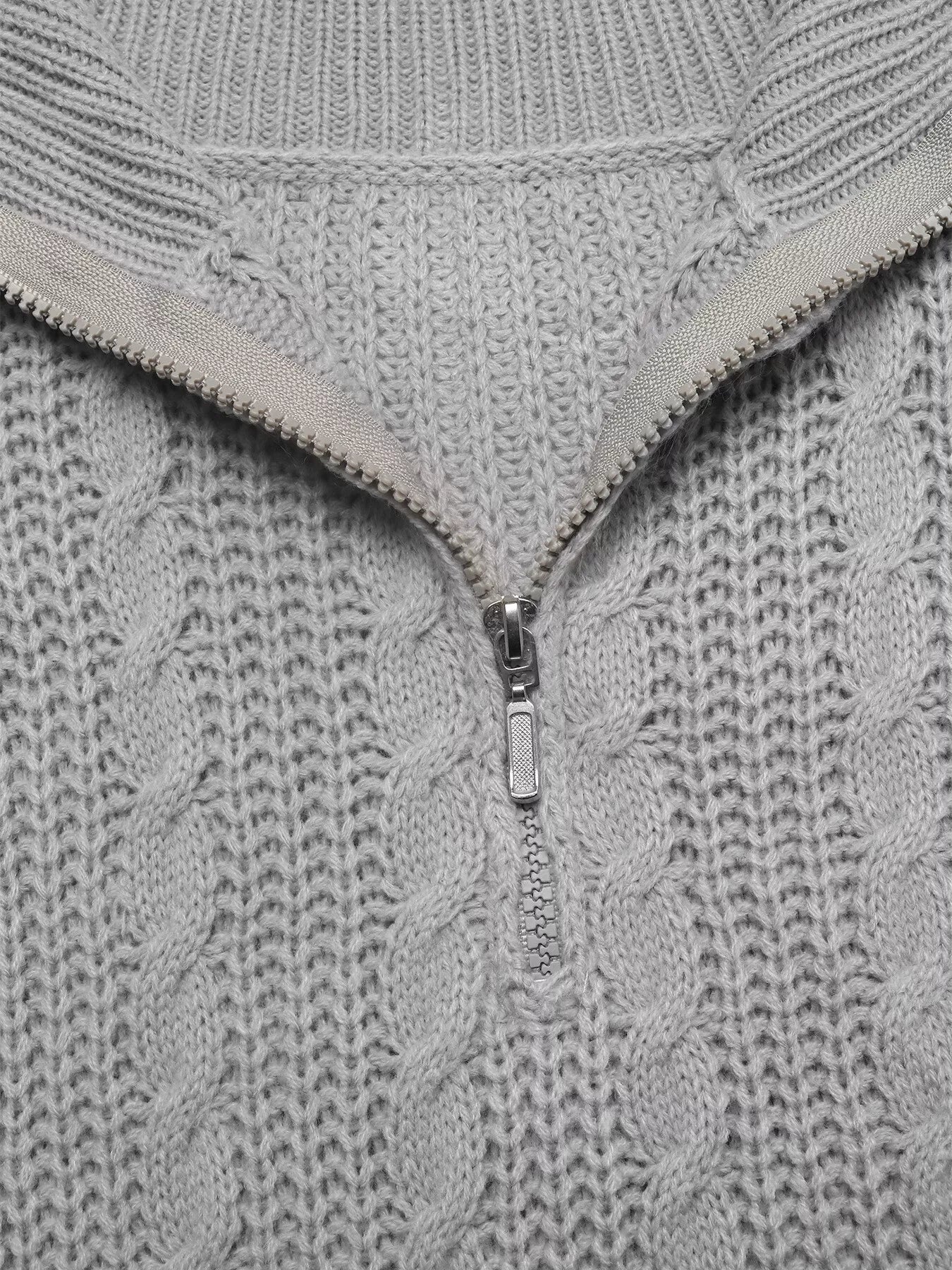 Gray cable knit half-zip sweater close-up of zip and stitched cable texture