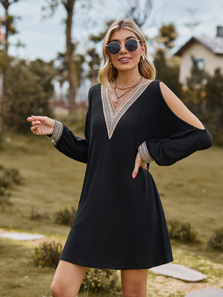 Black V-neck cutout sleeve mini dress with lace V-neck trim and flared cuff sleeves