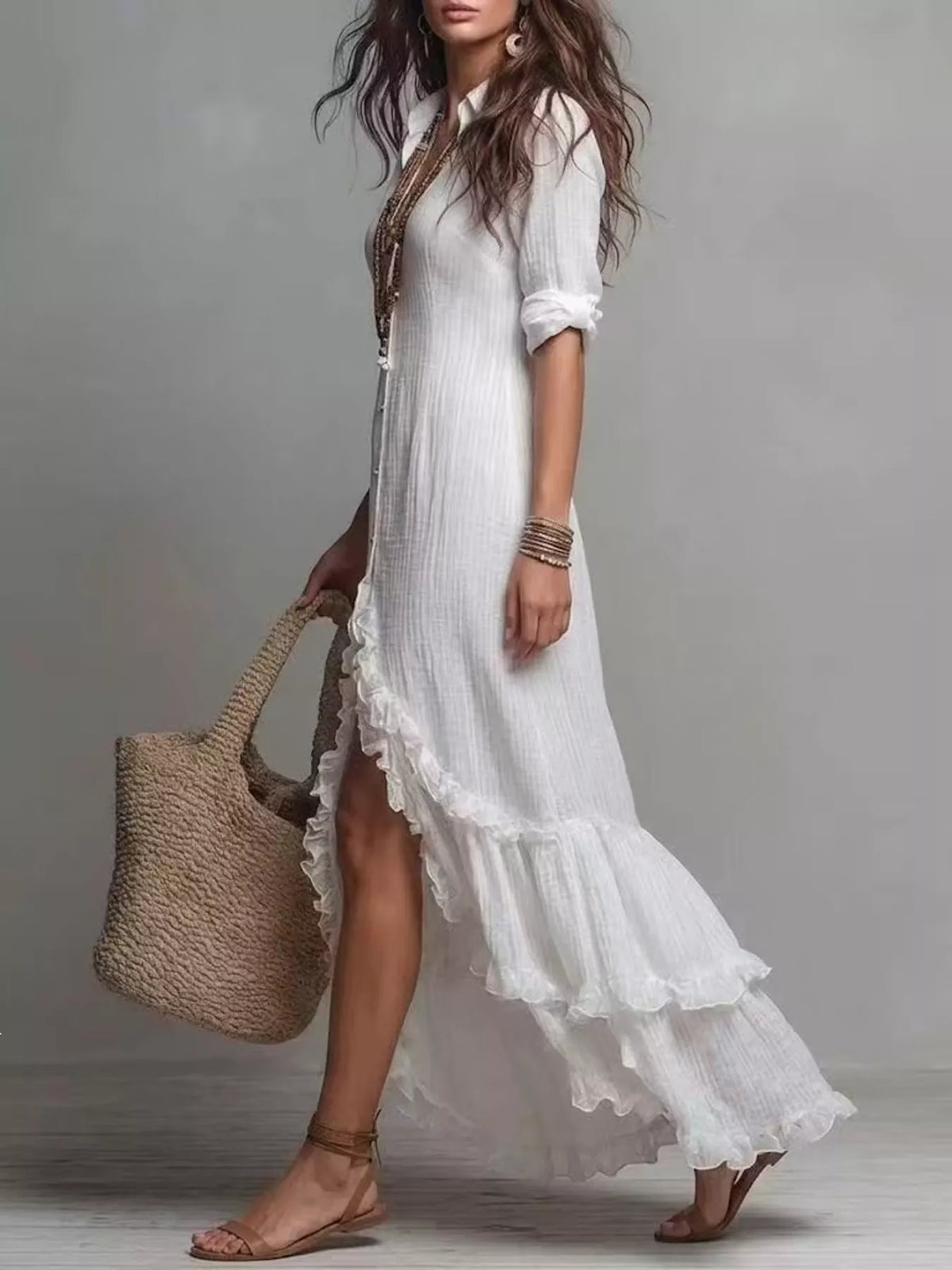Boho button-down maxi dress in white with ruffled side hem and cuffed sleeves