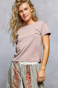 Cedar & Moore POL Contrast Stitching Round Neck Short Sleeve T-Shirt in dusty pink by Trendsi