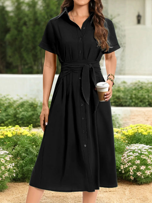 Black button-front belted midi shirt dress with short sleeves and gathered skirt