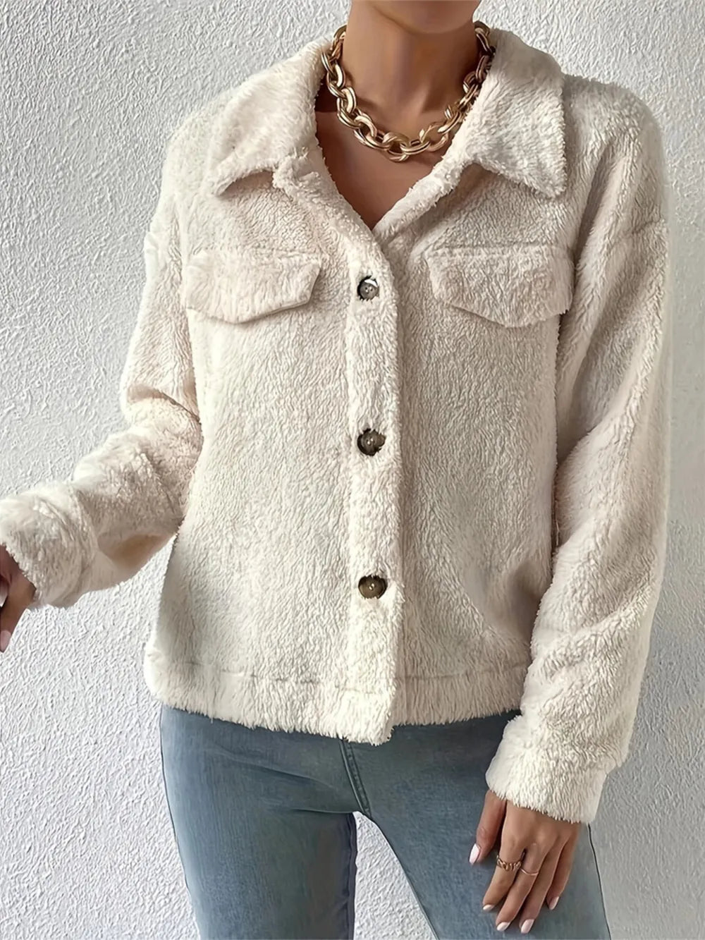 Beige sherpa collared button-up jacket with chest pocket flaps