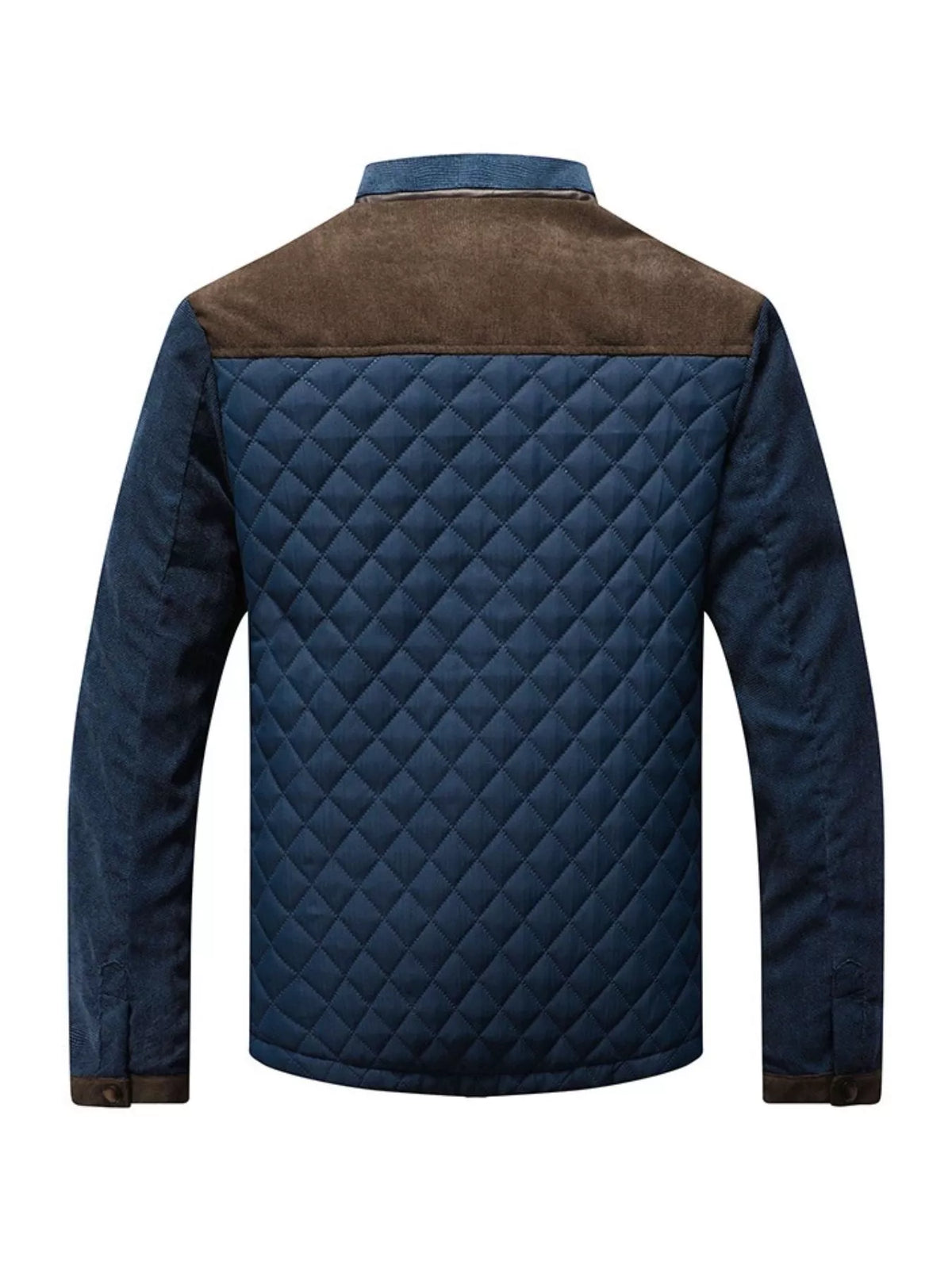 Men's quilted snap-front jacket, back view with brown yoke and stand collar