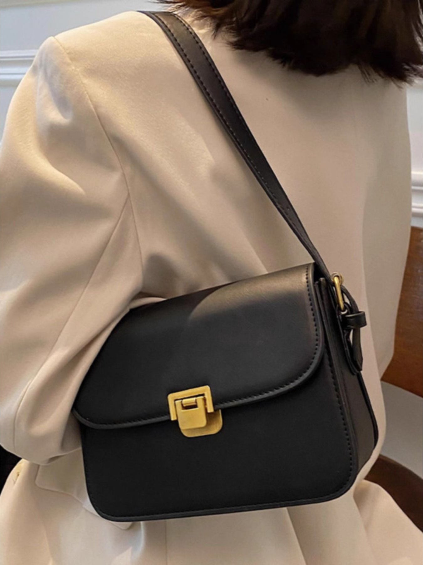 Buckle Flap Shoulder Bag by Trendsi, black PU leather with gold-tone clasp, small crossbody