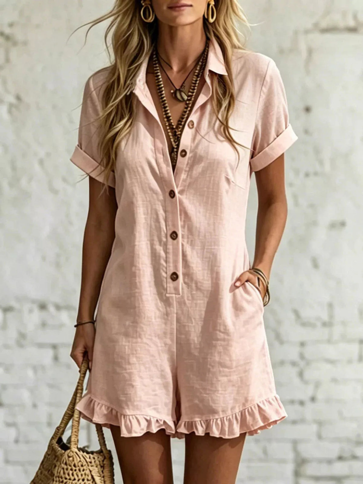Pink button-front ruffled pocket romper with short sleeves