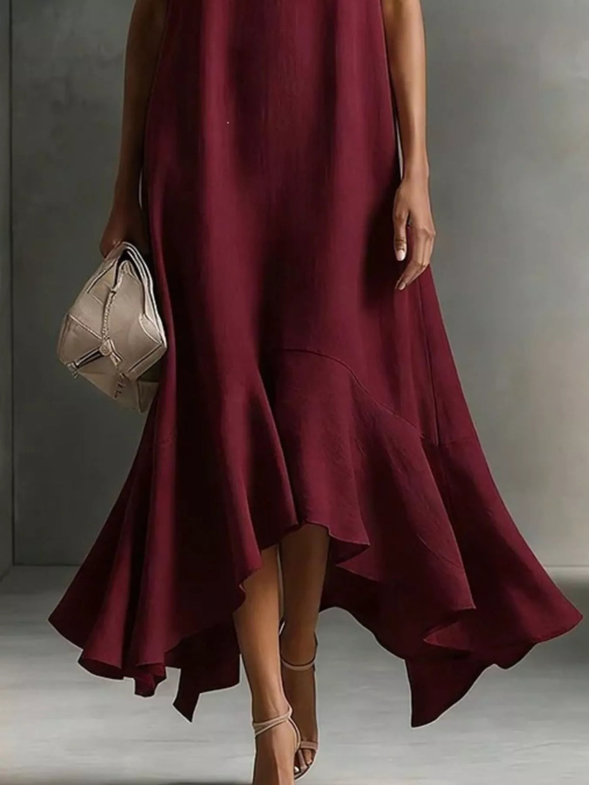 Wine red sleeveless dress with ruffled high-low hem and V-neckline