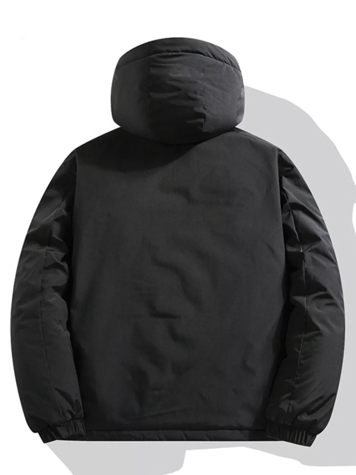 Black hooded padded winter jacket, back view, full-zip and elastic cuffs