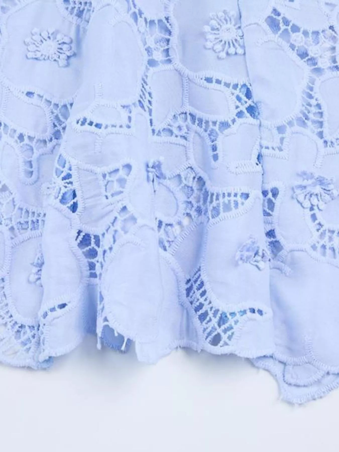 Cedar & Moore Floral Lace Short Sleeve Midi Dress fabric close-up in pale blue with intricate floral lace