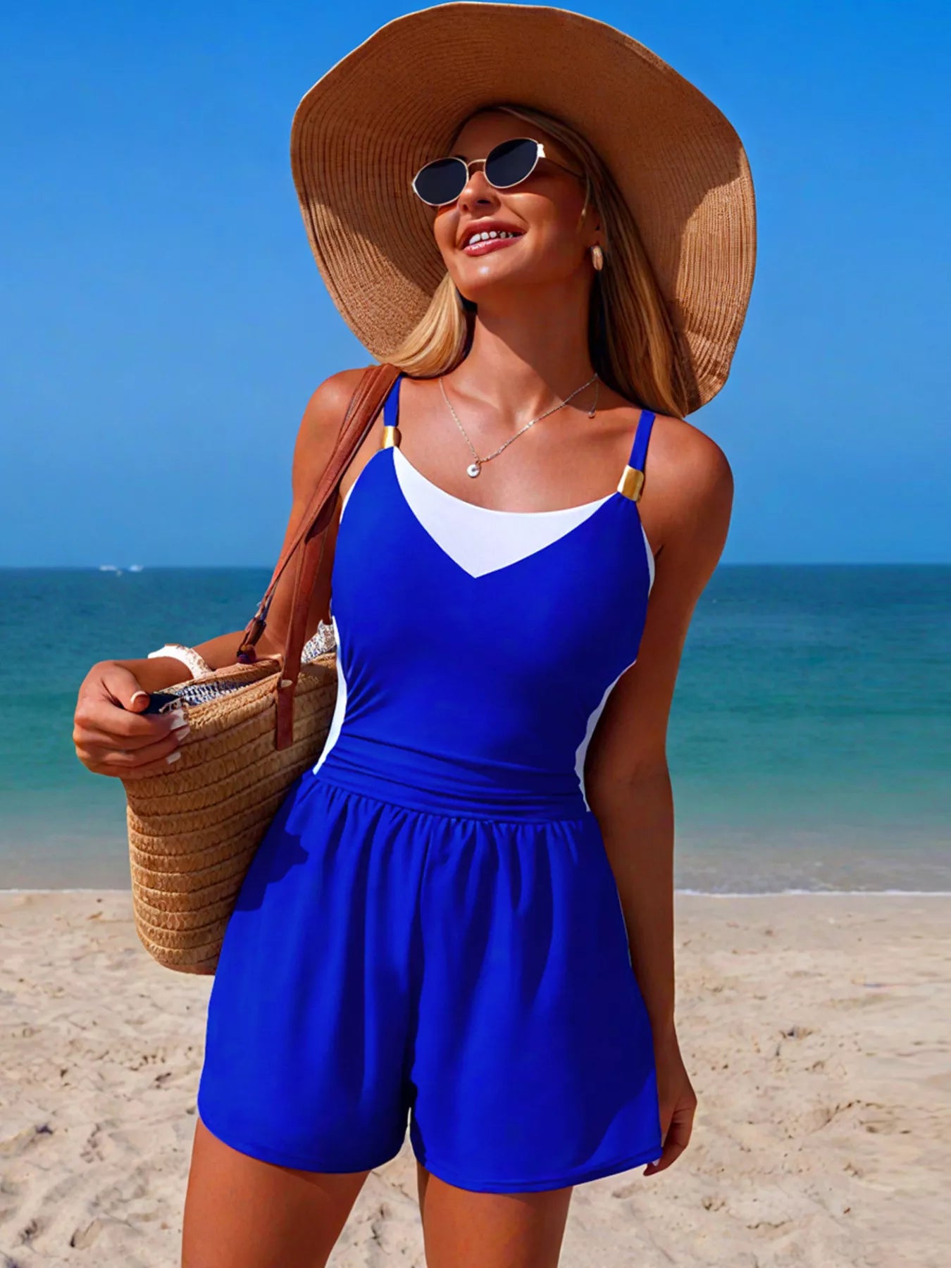 Color Block Adjustable Strap One-Piece Swimsuit in blue with white chest accent