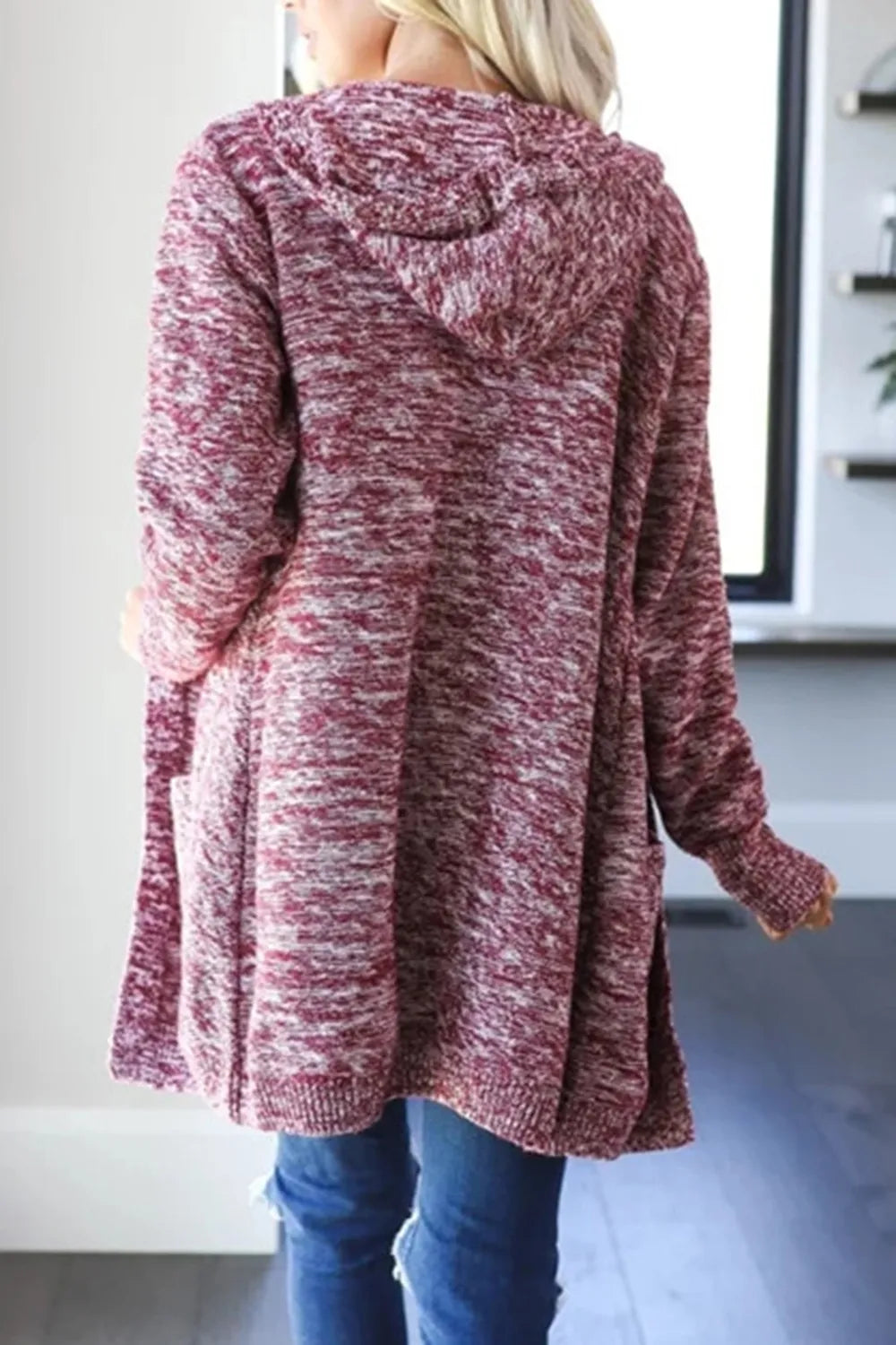 Heathered open-front cardigan, deep purple heather back view with hood
