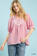 Cedar & Moore Umgee Textured Jacquard Contrast Trim Top in pink
