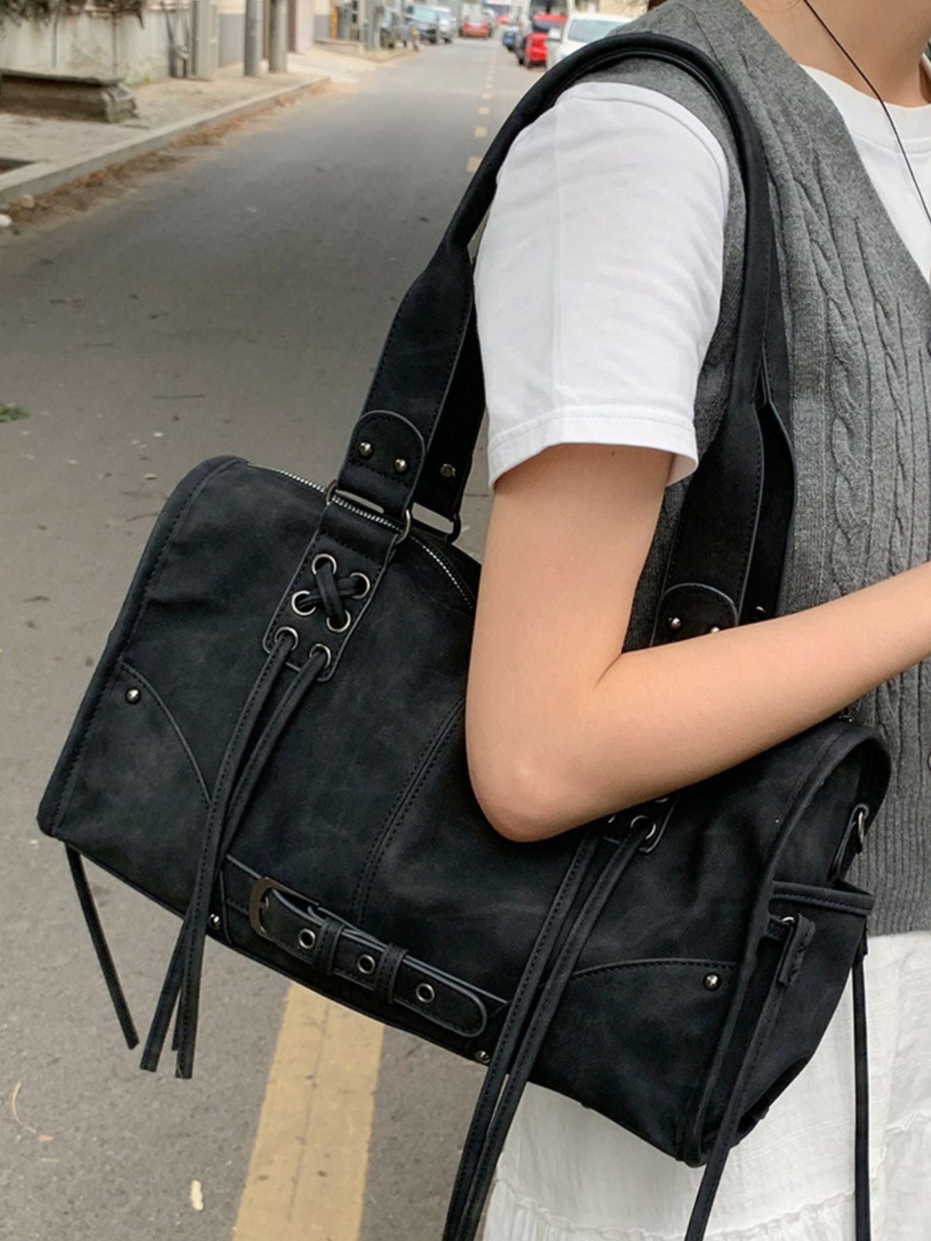 Lace Up Shoulder Bag in black PU, medium size, Trendsi handbag