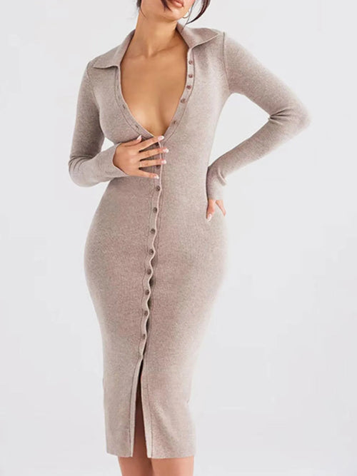 Taupe long-sleeve sweater dress with button front, pointed collar, and thigh slit.