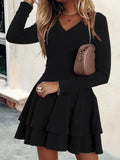 Plus Size Layered V-Neck Long Sleeve Black Mini Dress with tiered ruffle skirt