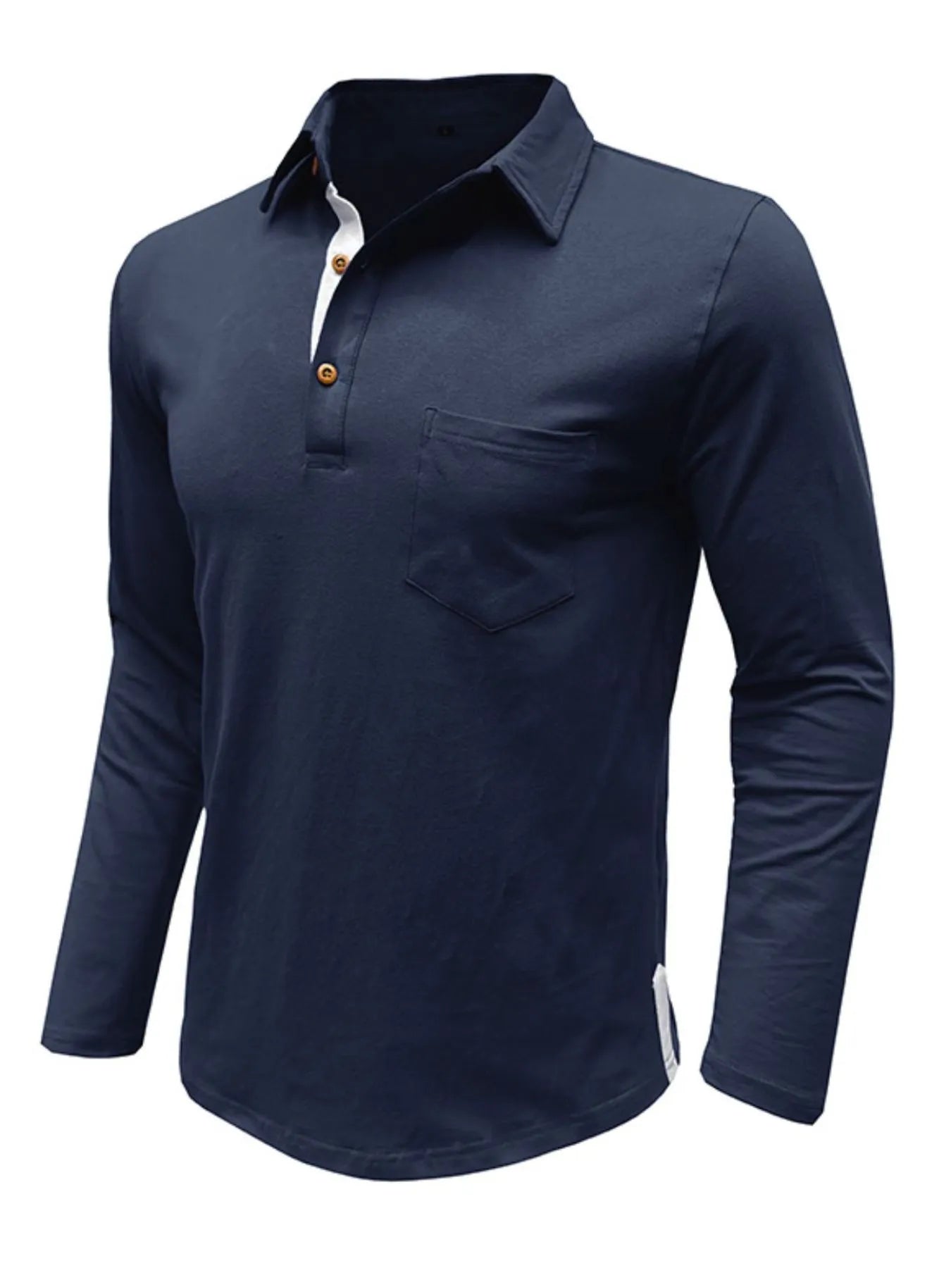 Men's long sleeve polo shirt in navy blue, with chest pocket and button placket.