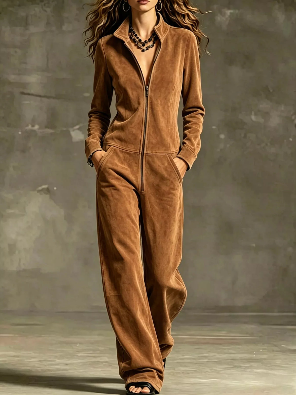 Camel brown velour zip-up jumpsuit with pockets, long sleeves, and wide-leg