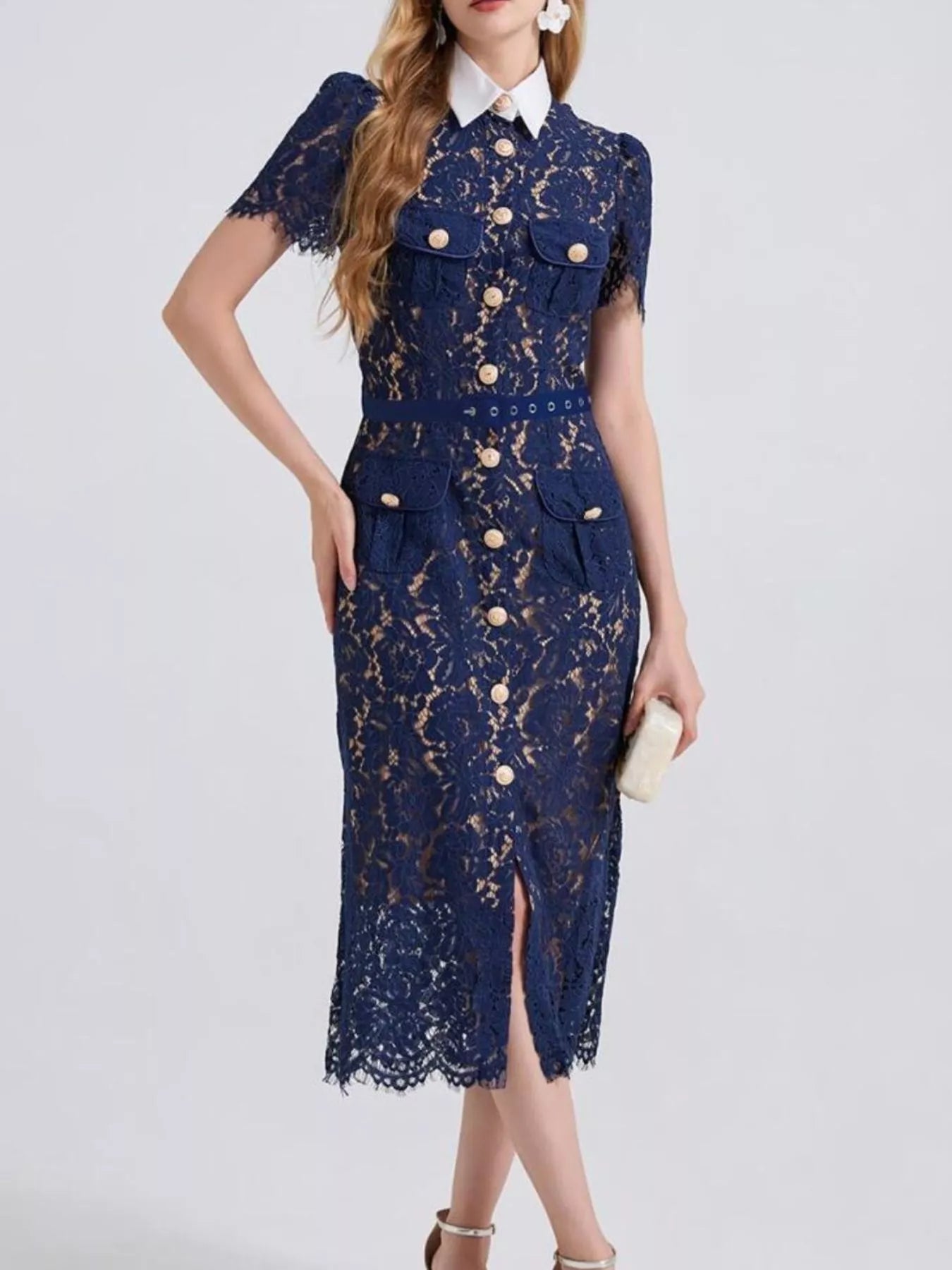 Cedar & Moore Lace Button-Down Midi Dress in navy with gold buttons