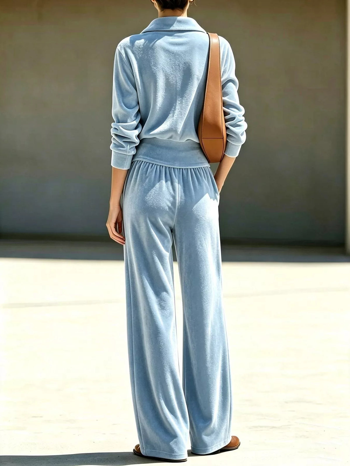 Light blue half-zip sweatshirt and wide-leg pants set shown from back, long sleeves