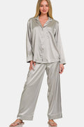 Silver satin long-sleeve pajama shirt and wide-leg pants set