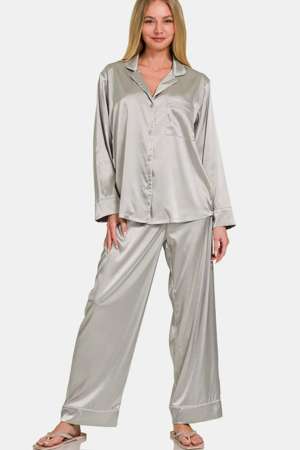 Silver satin long-sleeve pajama shirt and wide-leg pants set