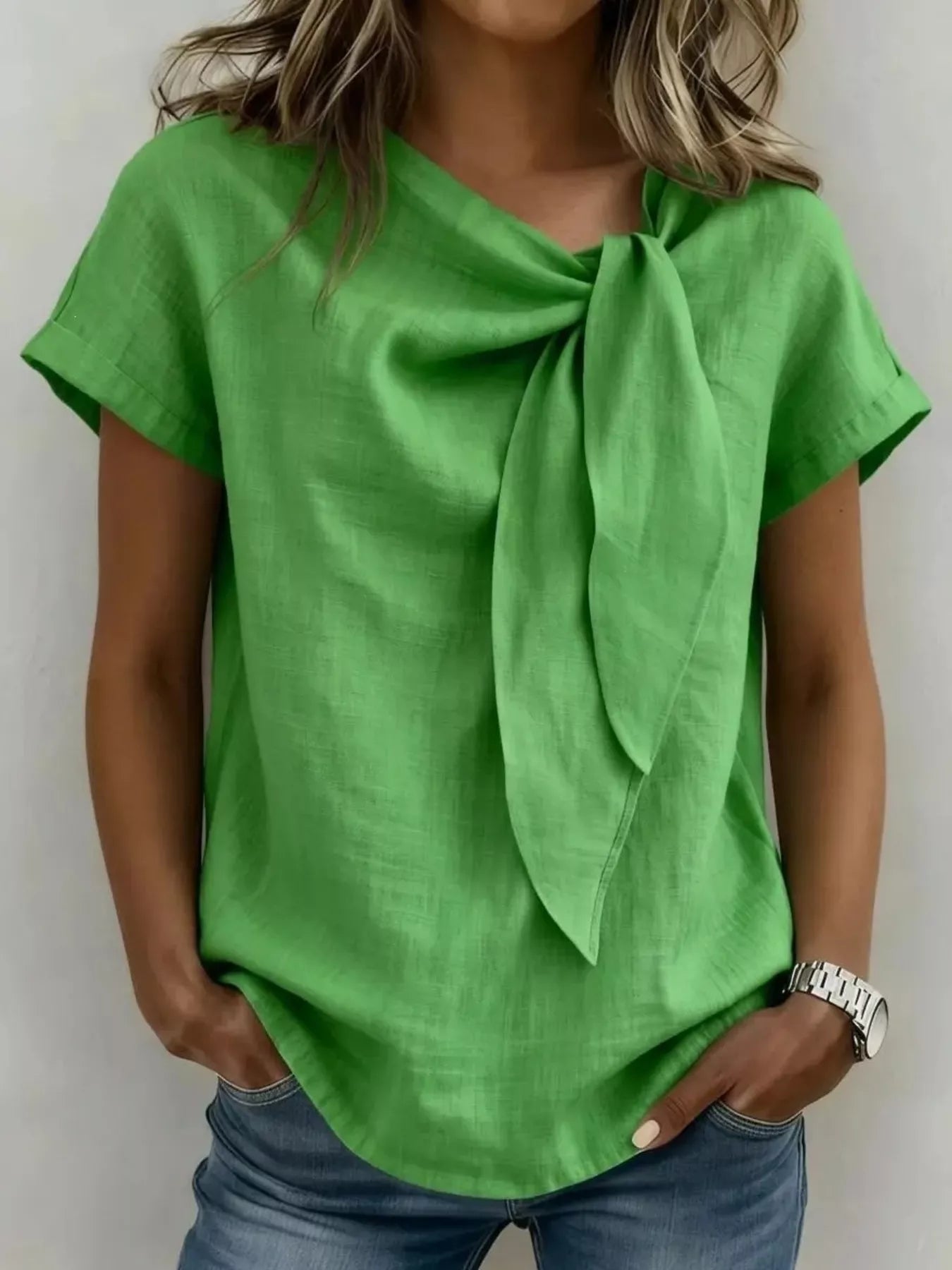 Green bow-tie neck short-sleeve blouse with front gathered knot