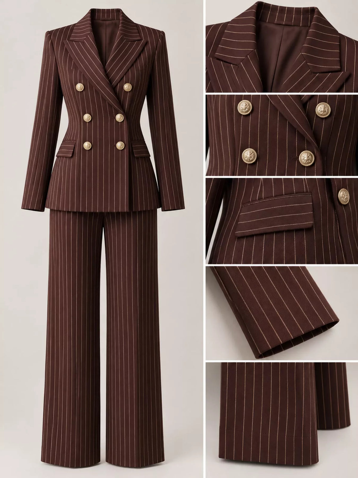 Pinstripe double-breasted blazer and wide-leg pants set, brown with gold buttons