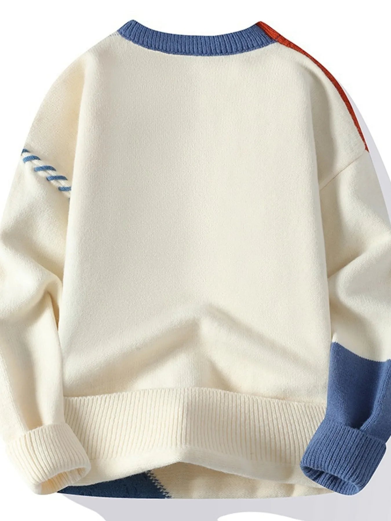 Color-block cable knit sweater, cream body with blue ribbed hem and cuffs