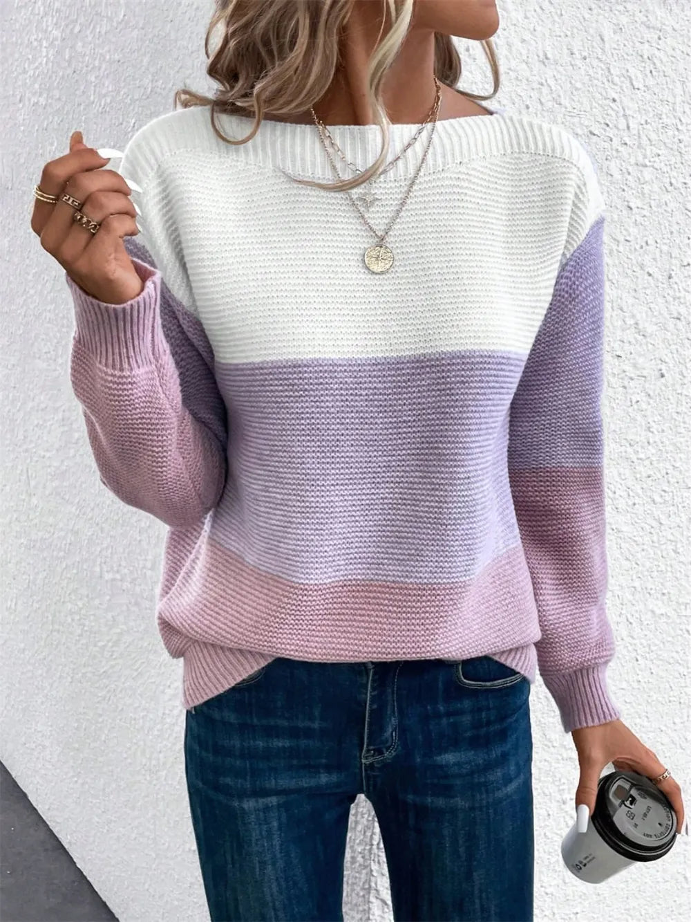 Color-block long sleeve sweater in white and lavender with pinkish lower band knit