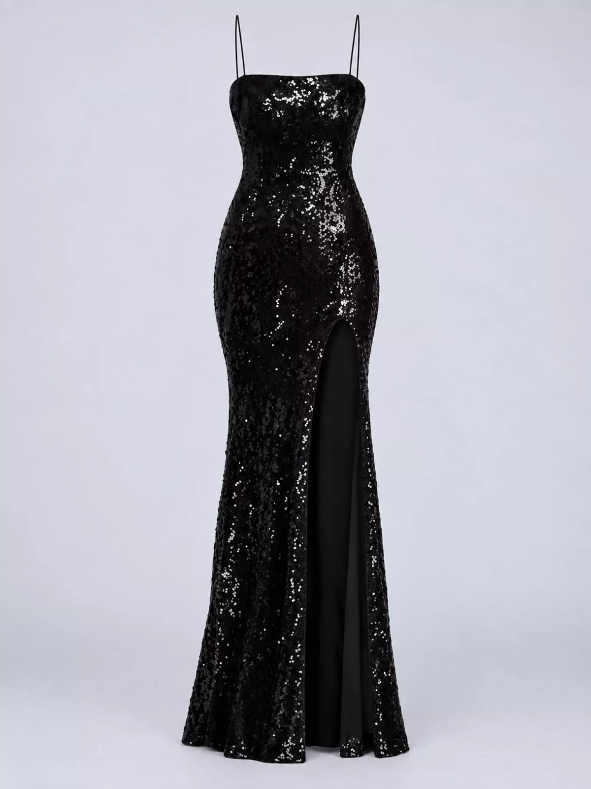 Black sequined bodycon evening dress with spaghetti straps and floor-length side slit