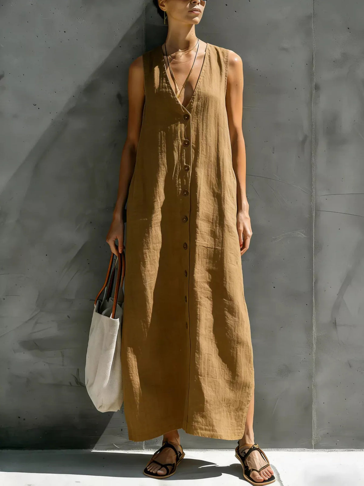 Sleeveless V-neck button-front maxi dress, khaki with gold button placket