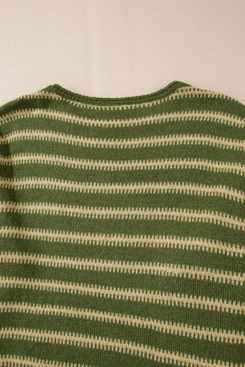 Moss green sweater with cream horizontal stripe knit, crew round neck