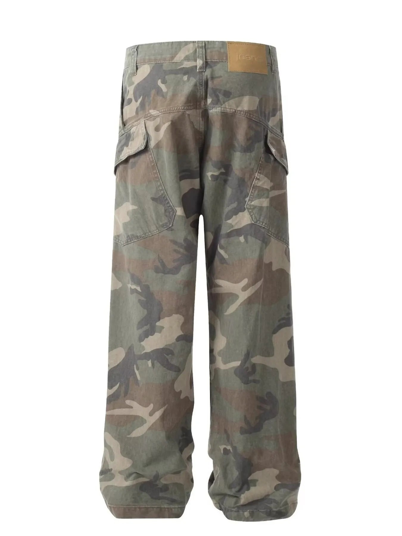 Green camouflage cargo jeans, flat lay, with cargo flap pockets