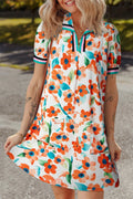 Contrast Trim Floral Split Neck Puff Short Sleeve Tiered Mini Dress; orange flowers on white with turquoise leaves