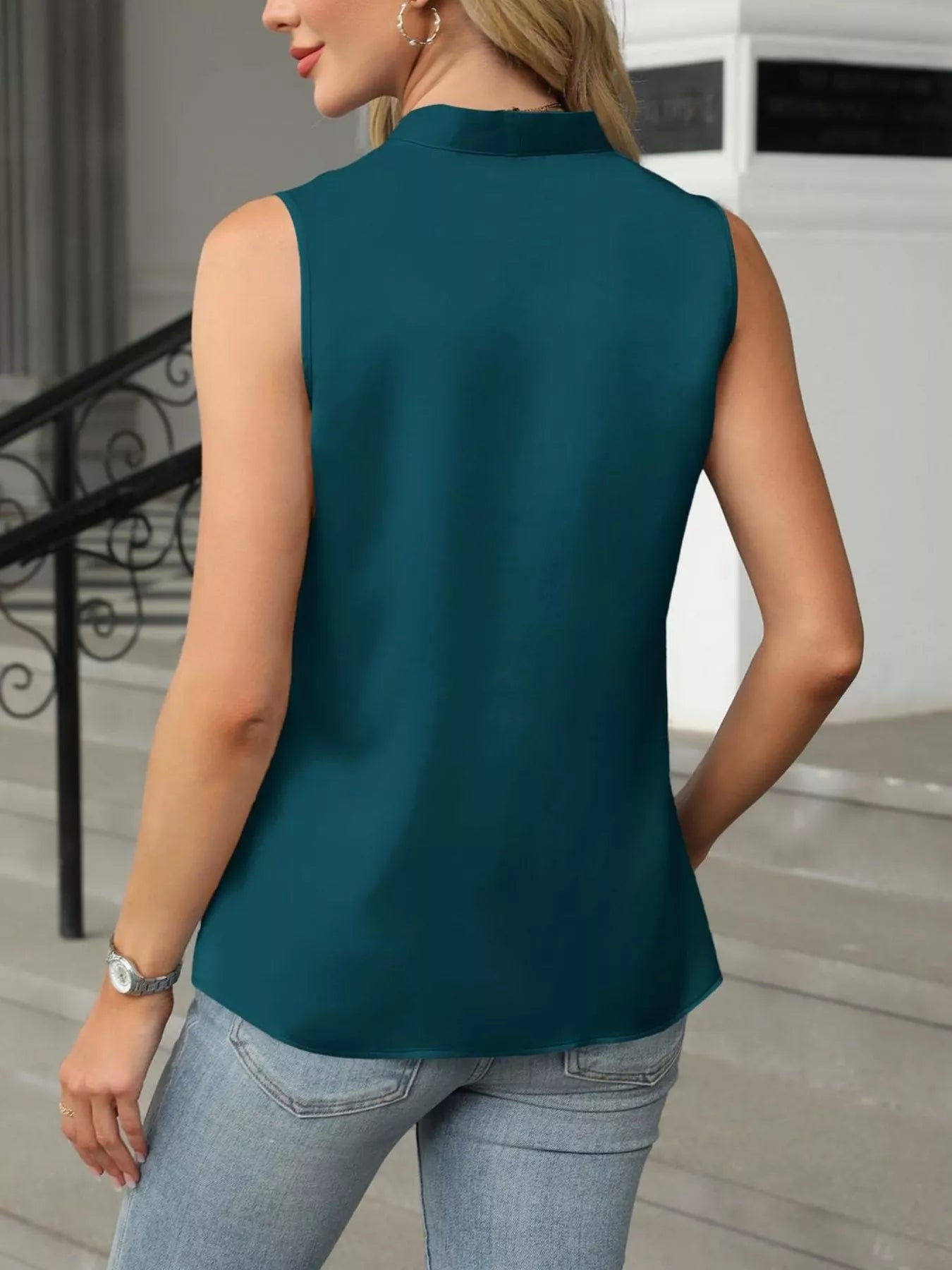 Cedar & Moore V-Neck Satin Tank in teal; sleeveless satin top