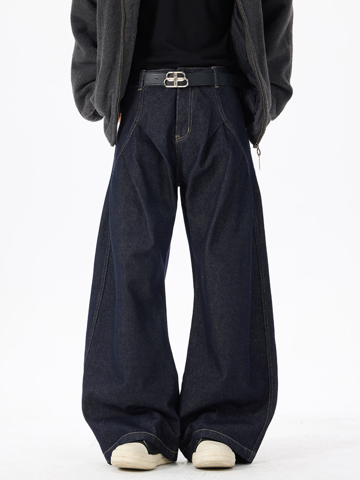 Mens wide-leg jeans in dark wash with belt loops, button fly and front pockets
