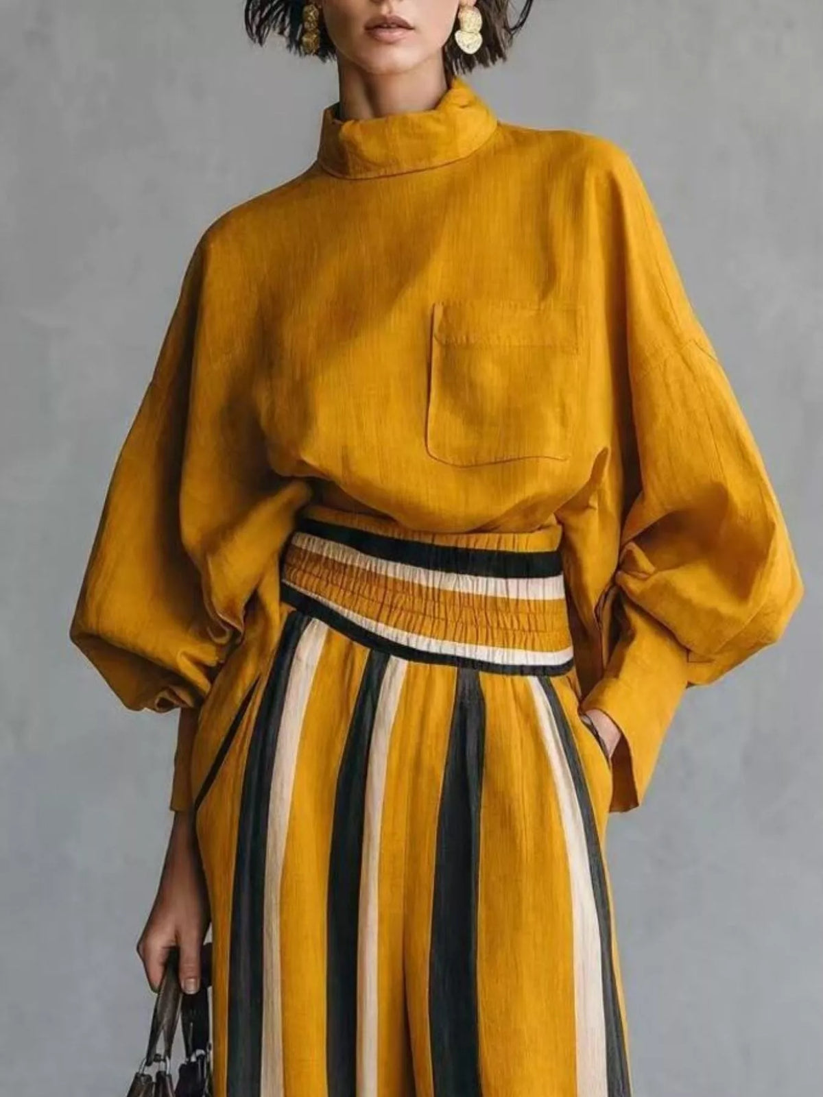 Mustard mock-neck top with chest pocket and striped wide-leg pants two-piece set