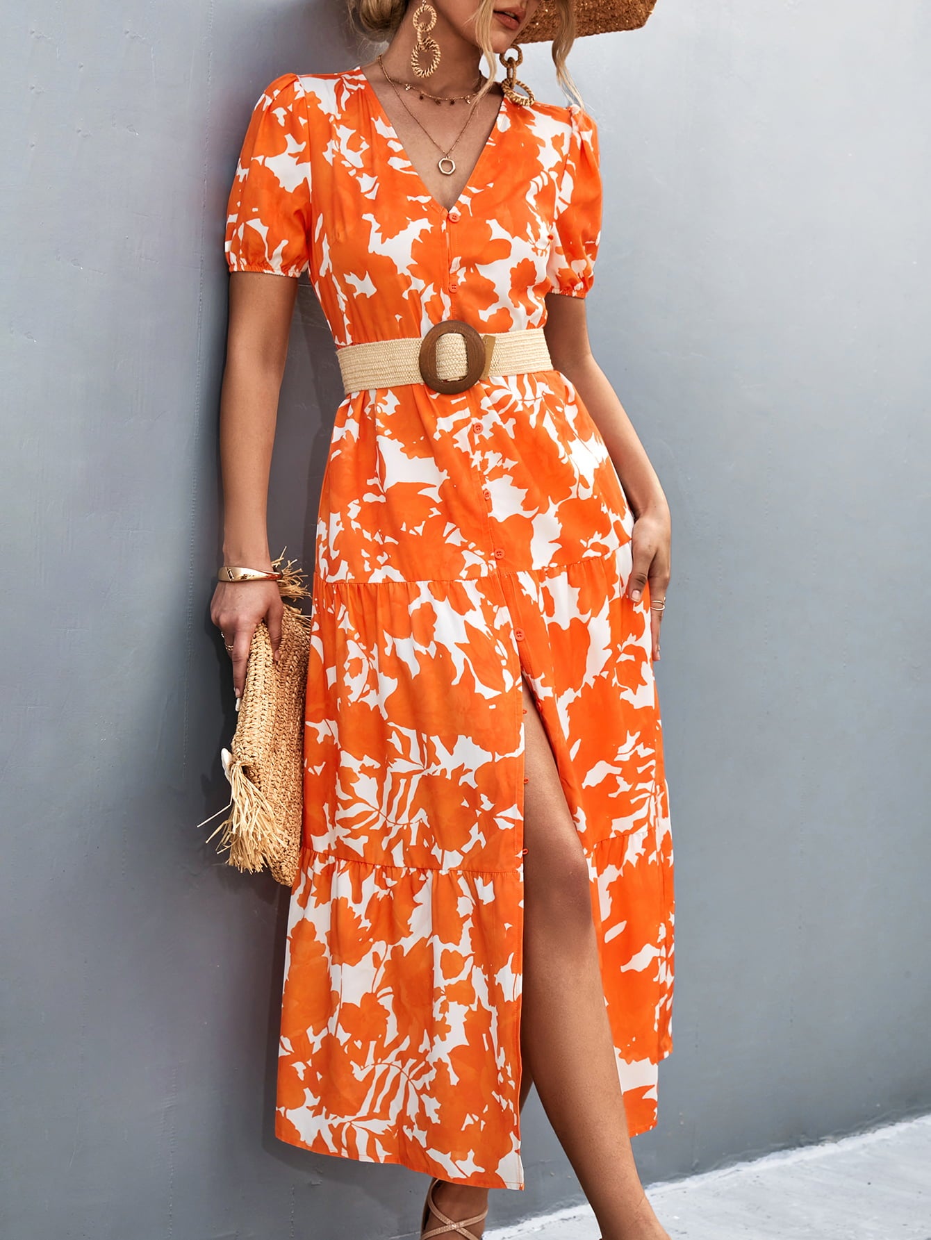 Orange-red V-neck short sleeve midi dress with high slit, tiered layers and floral print