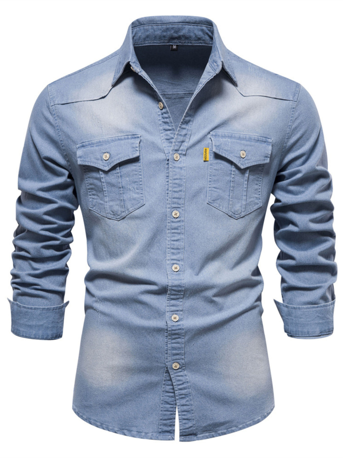 Men's light blue denim button-up shirt with two chest pockets, long sleeves