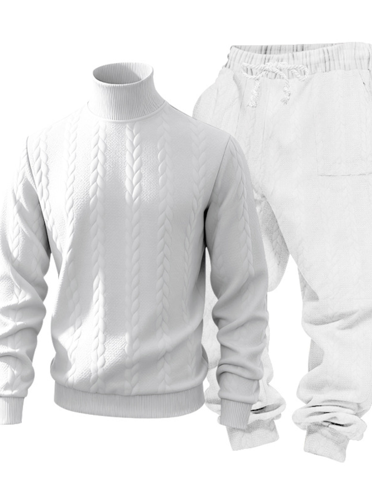 Men's white cable knit mock neck sweater and joggers set, studio close-up of front and back