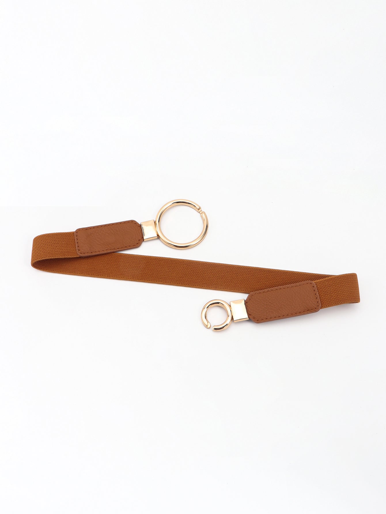 Brown elastic vegan leather belt with double ring buckle and curved metal rings