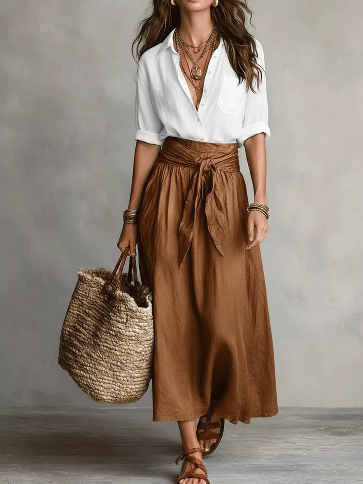 White button-down shirt and brown tie-waist skirt, two-piece set