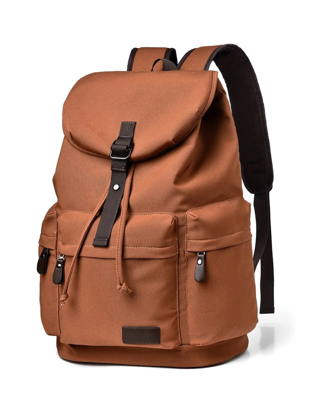 Ochre canvas backpack with front flap, buckle strap, and multiple zip pockets