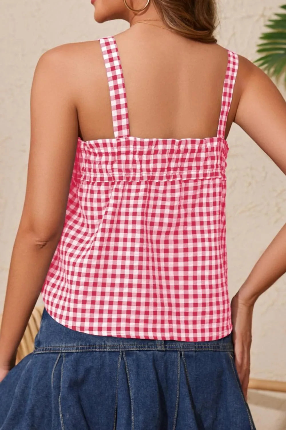 Red gingham square-neck cami with open back and thin adjustable shoulder straps