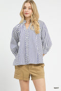 Cedar & Moore Umgee striped V-neck button-down top, navy on white, loose-fit with puff sleeves