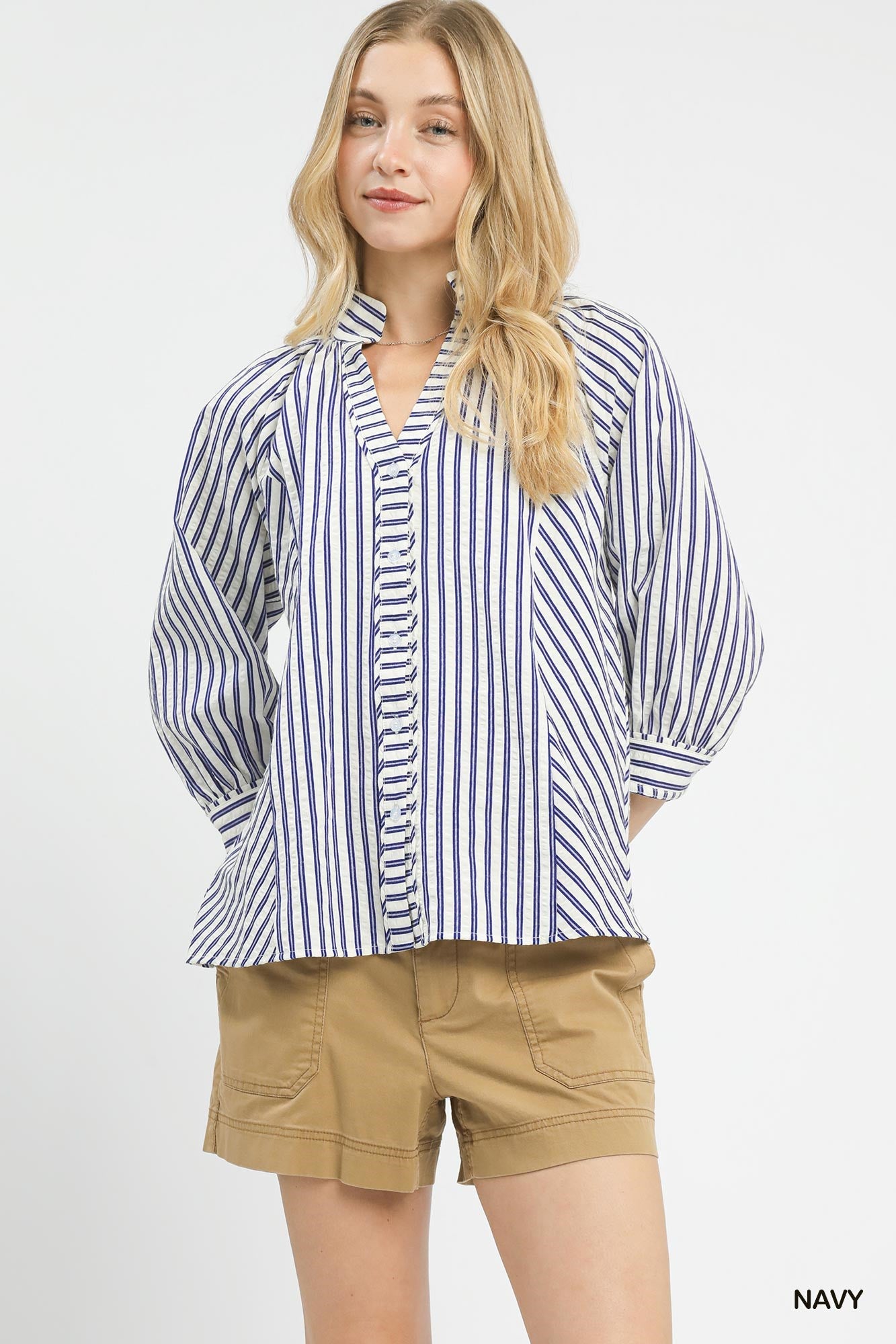 Cedar & Moore Umgee striped V-neck button-down top, navy on white, loose-fit with puff sleeves