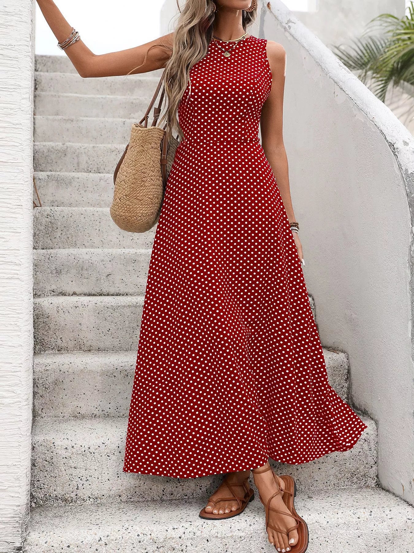 Cedar & Moore Sleeveless Polka Dot Maxi Dress in red with white dots by Trendsi