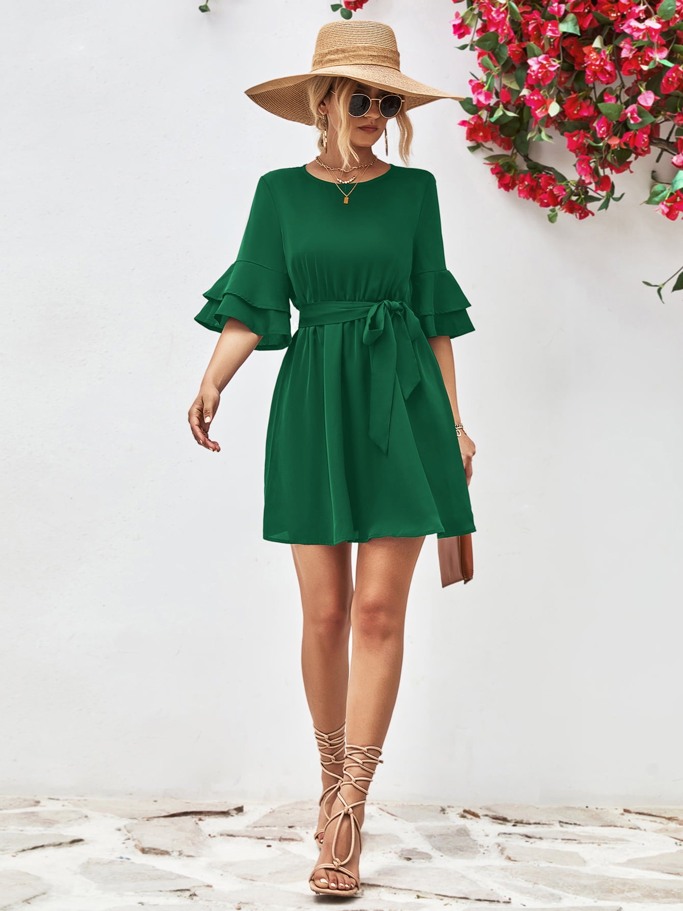 Forest green round-neck tie-belt flounce sleeve dress, short A-line skirt